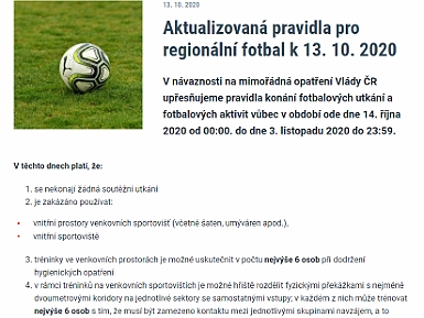 Aktualizovaná pravidla pro regionální fotbal k 13.10.2020